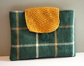 Knitted bag yellow cotton clutch purse green white plaid check mustard knitted tartan pouch memake handmade