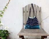 Nautical knitted purse navy blue white stripes cotton bag teal knit vintage buttons memake fashion handmade handbag