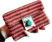 Striped clutch purse knitted pink brown cotton bag 1950s vintage floral fabric memake handmade fashion handbag