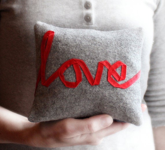 Love word pillow little cushion embroidered red ribbon lettering typography grey wool memake handmade home decor