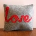 Love word pillow little cushion embroidered red ribbon lettering typography grey wool memake handmade home decor