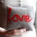 Love word pillow little cushion embroidered red ribbon lettering typography grey wool memake handmade home decor