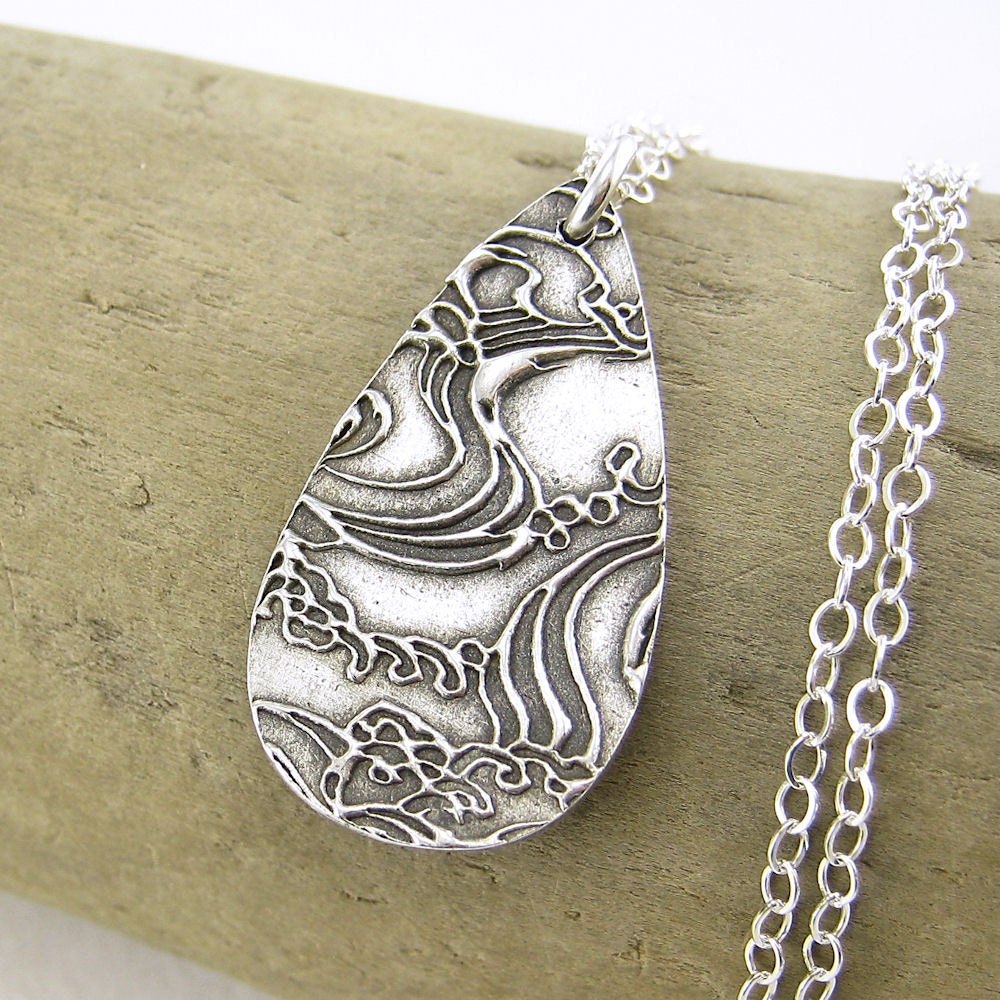 Ocean Jewelry Charm Necklace Silver Turbulent Water Beach Teardrop Antiqued Designer Handmade Fashion Jewelry - Abigail No. 4