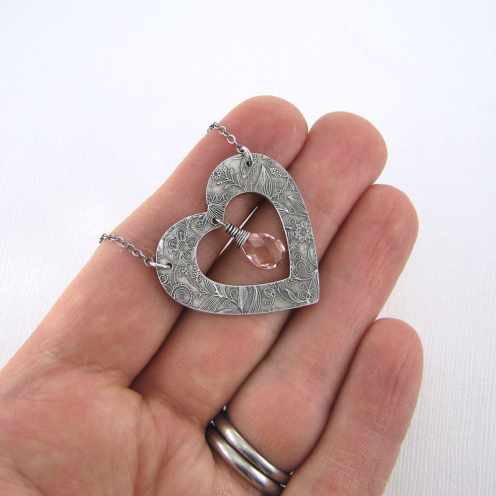 CLEARANCE - Spring Fashion Heart Necklace Peach Quartz Silver Romance Designer Handmade Jewelry - My Heart Necklace No. 7