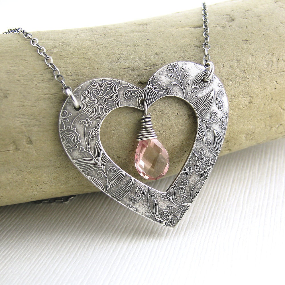 CLEARANCE - Spring Fashion Heart Necklace Peach Quartz Silver Romance Designer Handmade Jewelry - My Heart Necklace No. 7