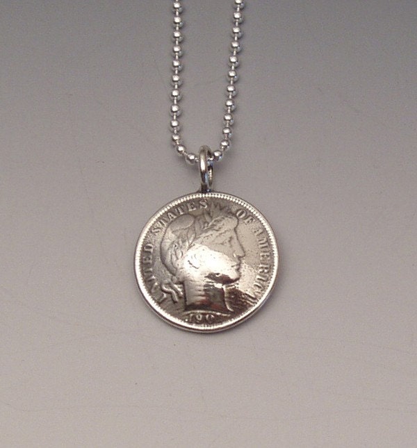 Silver Barber Dime Pendant Made from Vintage US Coin