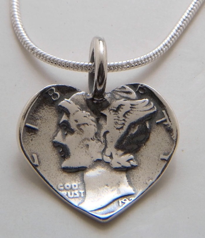 Silver Heart Pendant Made from Vintage US Silver Mercury Dime Coin