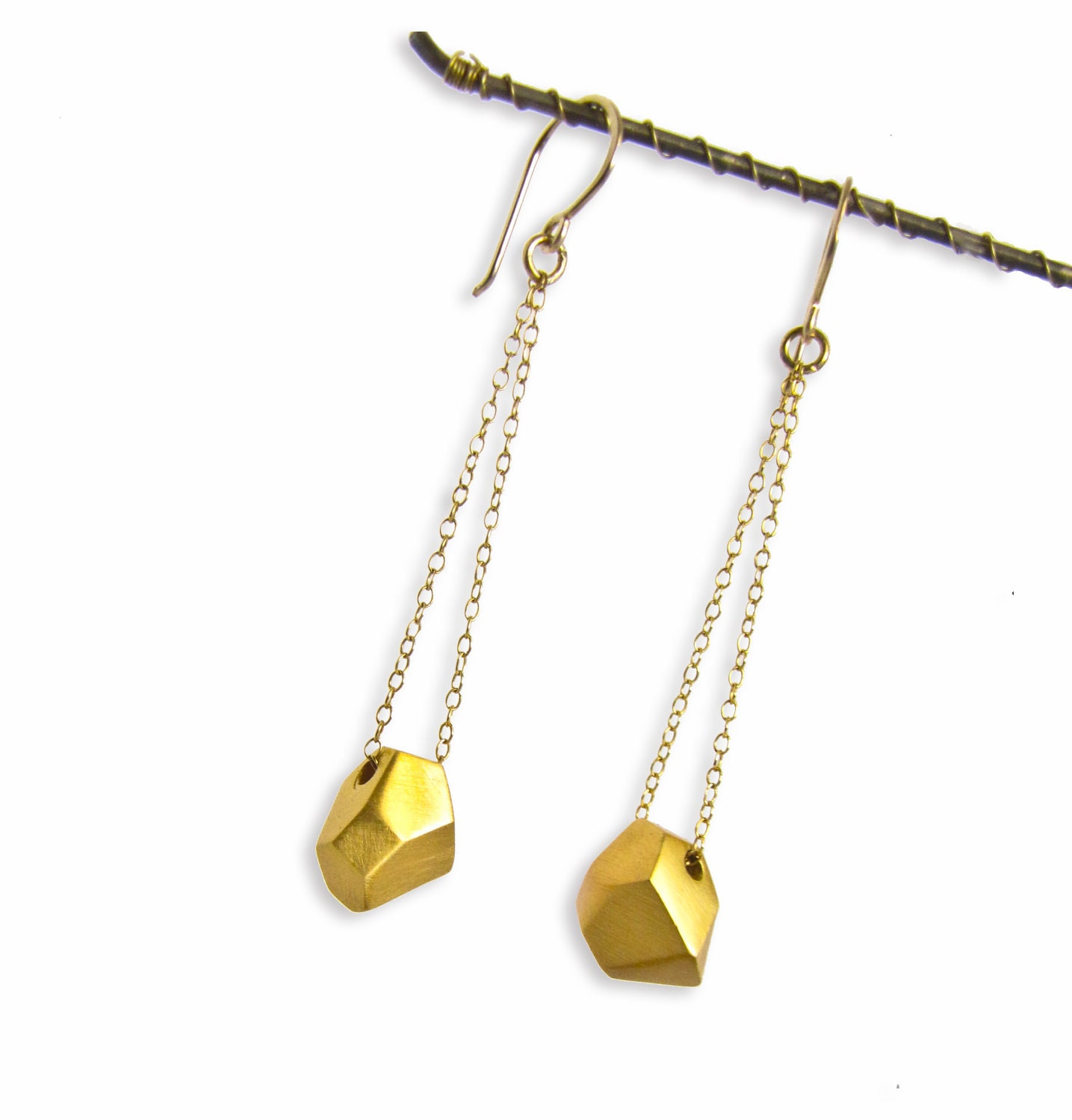 Gem Earrings - Long Dangle Earrings Gold Dipped and Hand Carved by Queens Metal