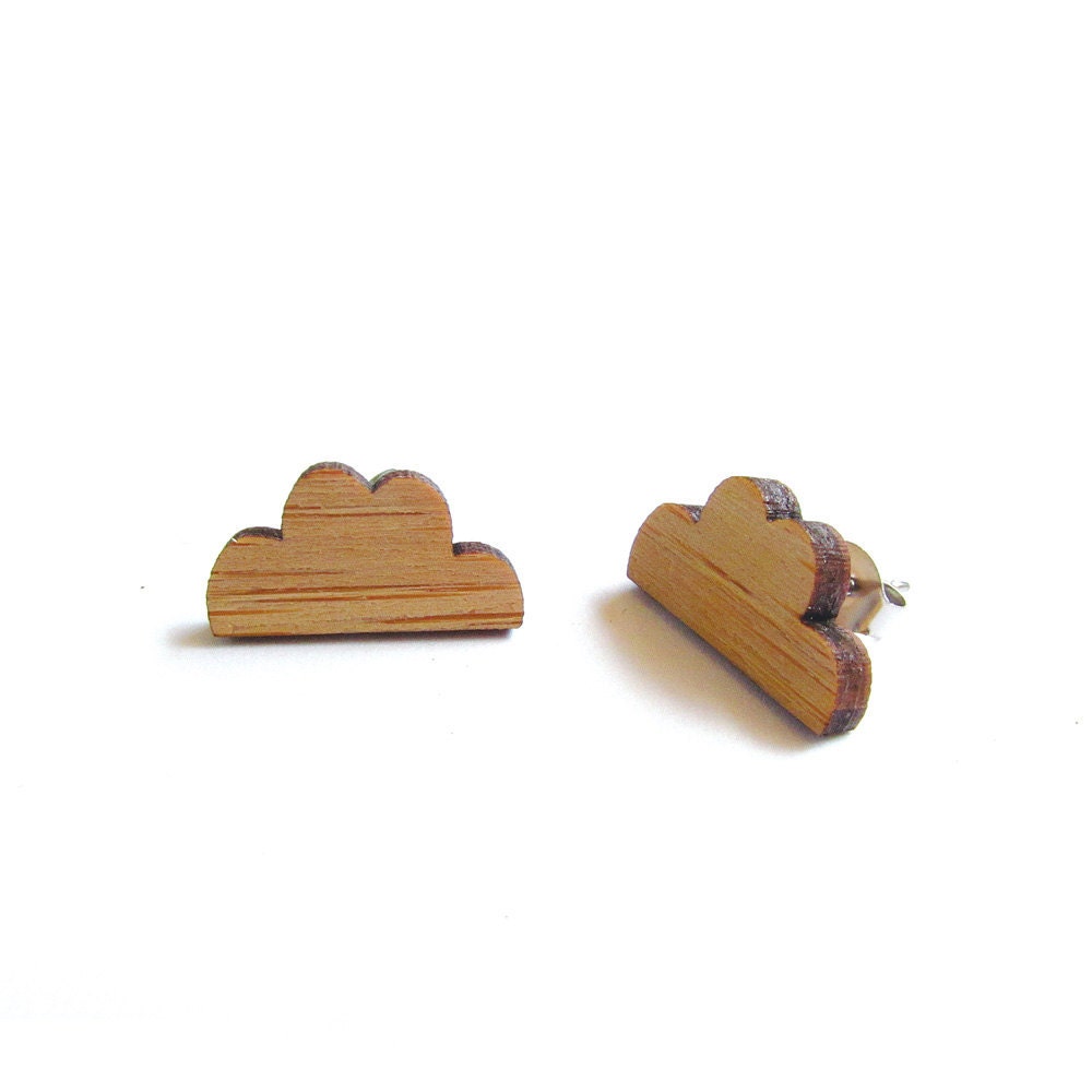 Fluffy Cloud - Bamboo Wood Earrings - Laser cut - Stud - Cute