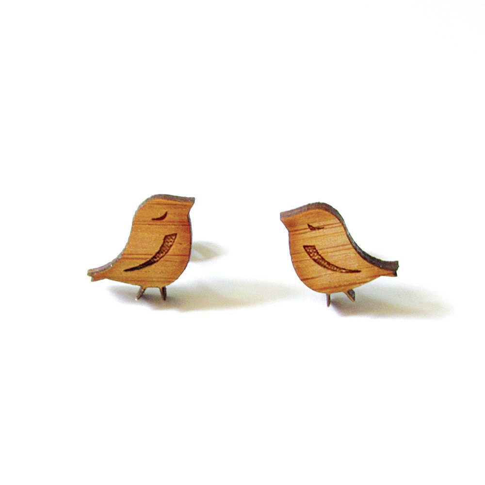 Little Birds - Bamboo Wood Earrings - Laser cut - Stud - Cute