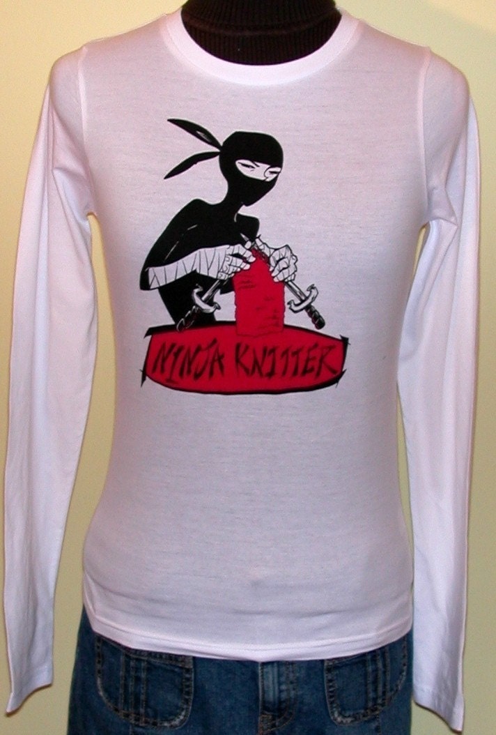 Ninja Knitter (r) Long Sleeve White Tee Shirt - Misses sizing - Great knitting top