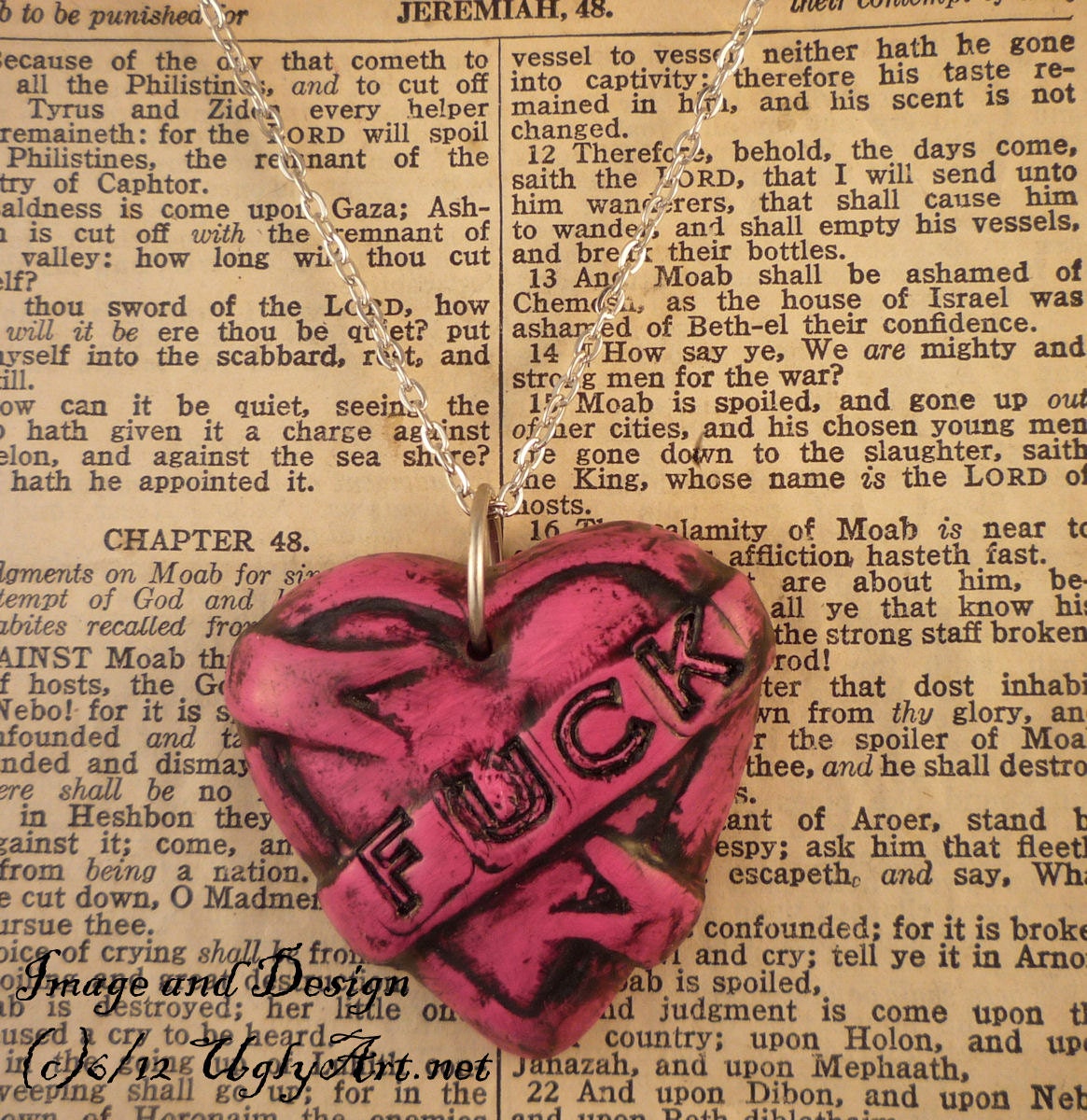 Pink FUCK Tattoo Heart Banner Necklace by Ugly Shyla. Sale Oops item