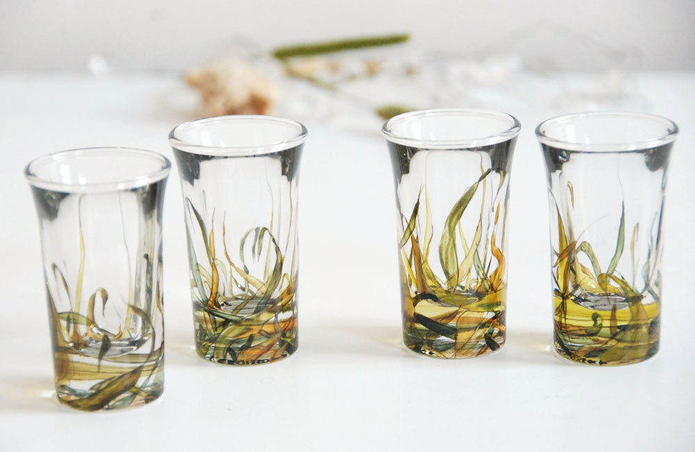 ready to ship - Set of 4 hand painted shot glasses - Grass Fields Collection