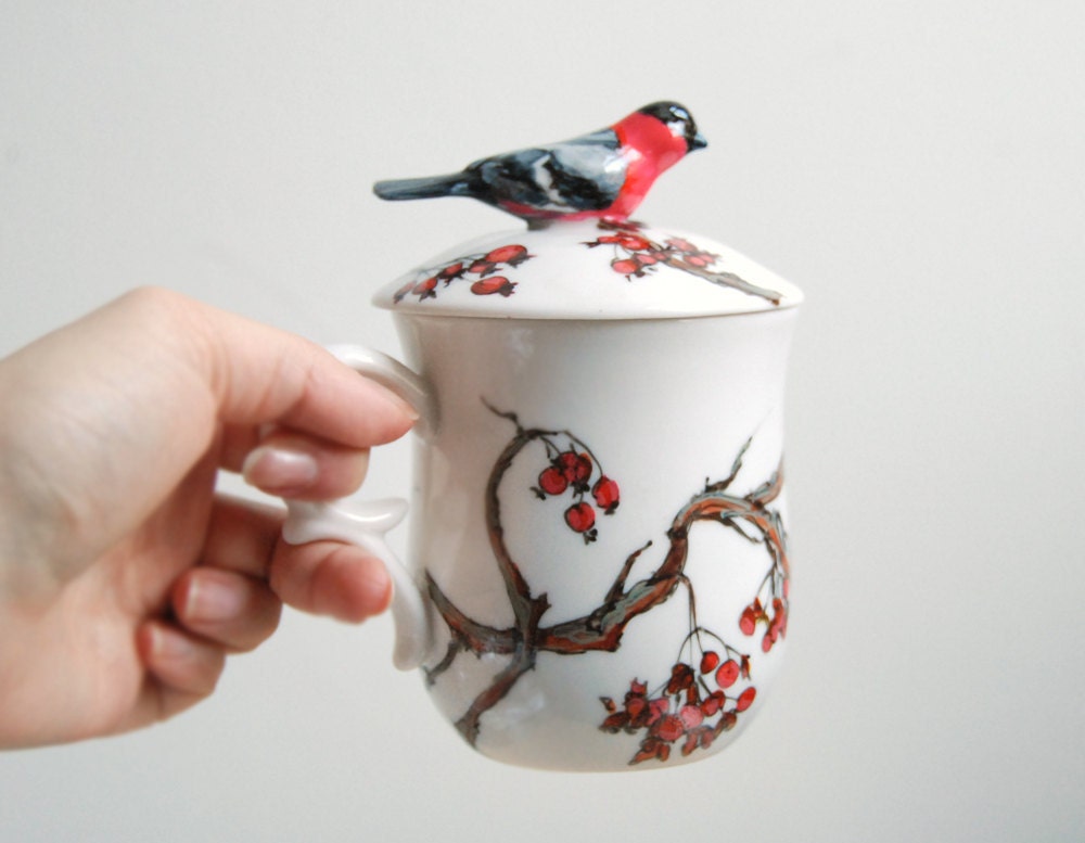 Hand Painted Tea Cup - Love Birds, Bullfinch