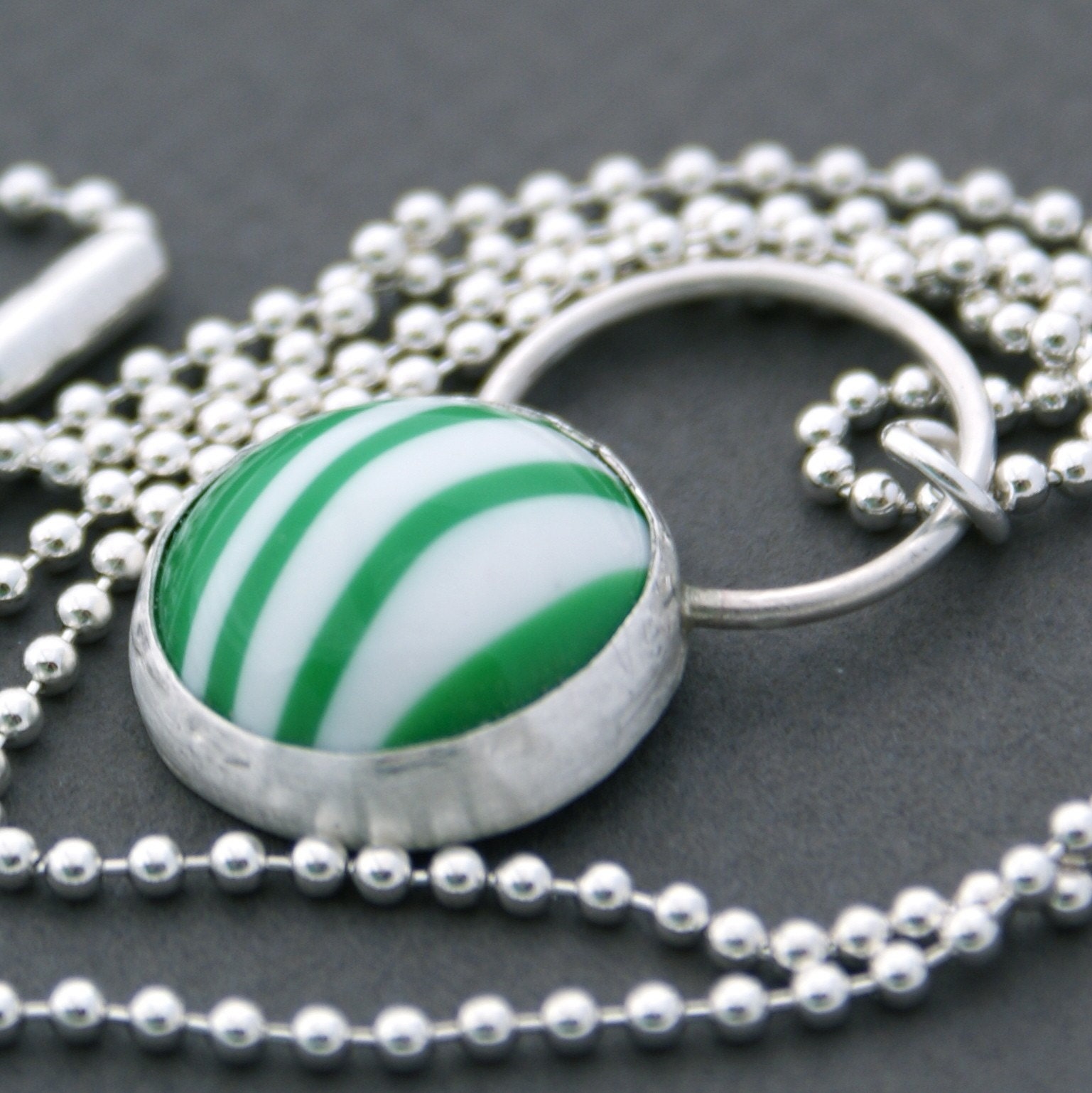 Preppie. Crisp Green and White Stripes. Satin Sterling Silver. Necklace.