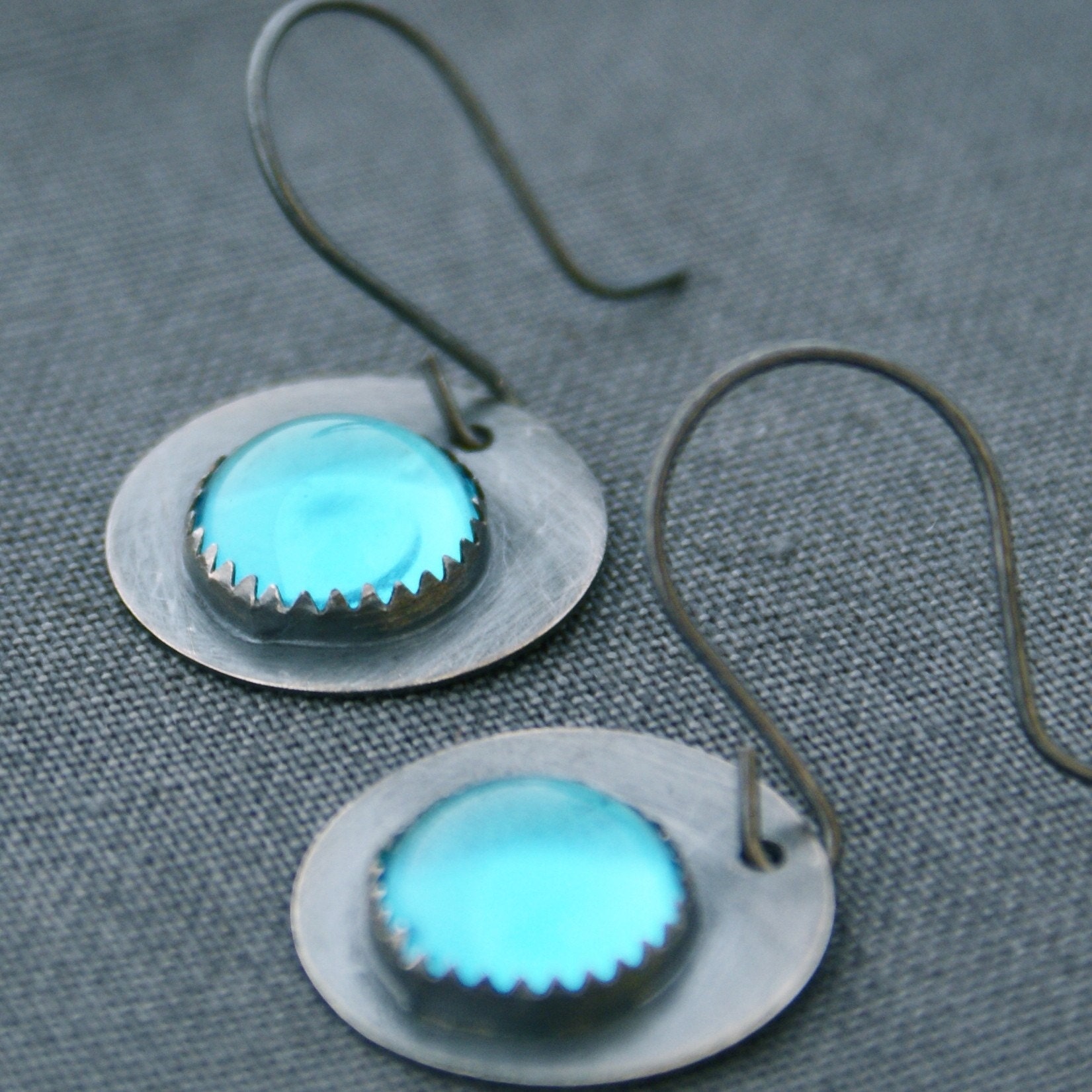 Cyan. Glowing Cyan Blue Glass and Sterling Silver Earrings.