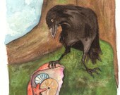 Original Watercolor Crow Painting - Crow Brings Gifts from the Sea