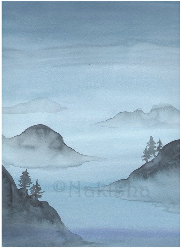 LARGE Original Watercolor Landscape  Painting - Blue Sound