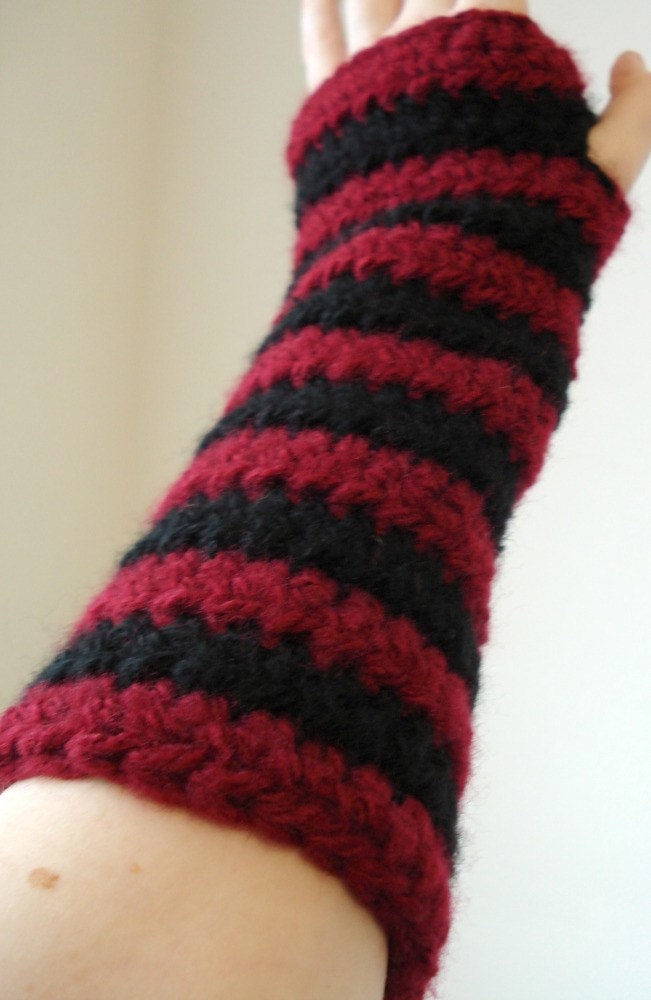 Burgundy and Black Striped Crocheted Arm Warmers (size M-L)