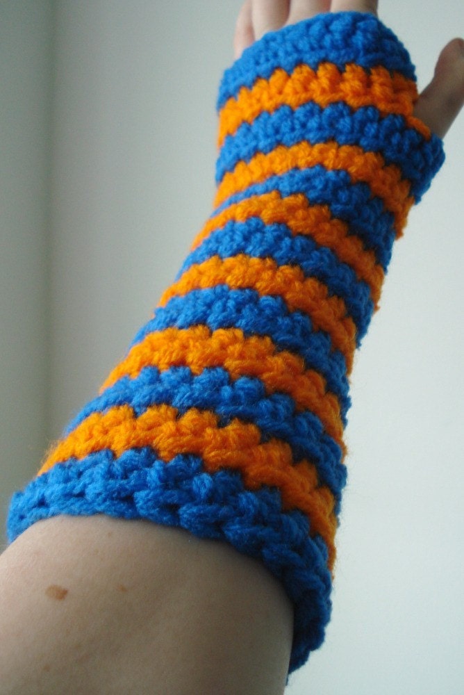 Blue and Orange Striped Crocheted Arm Warmers (size S-M)
