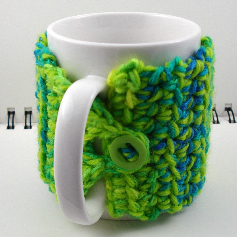 Coffee Mug Cozy in Lime Green, Blue, and Yellow with Lime Green Button