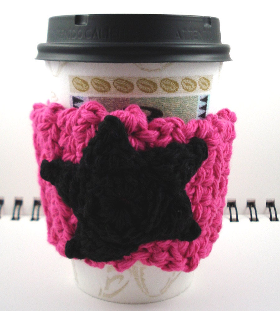Hot Pink with Black Star Crocheted Coffee Cozy