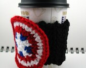 Black Crocheted Coffee Cozy with Red, White, and Blue Circular Pocket