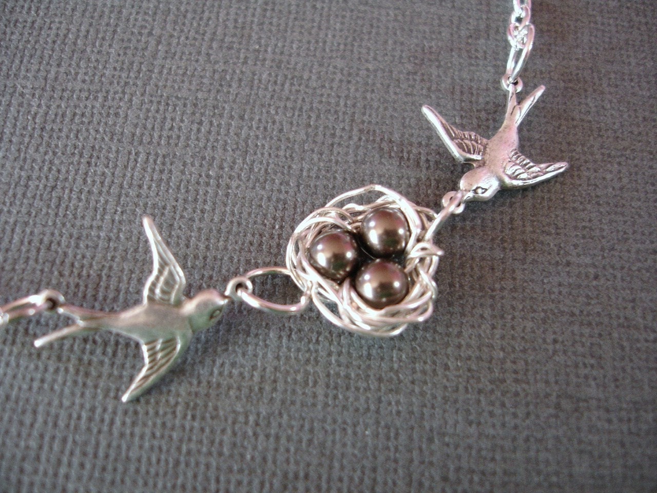 Sale Silver Swallow Birds Nest Necklace with Swarovski brown pearls