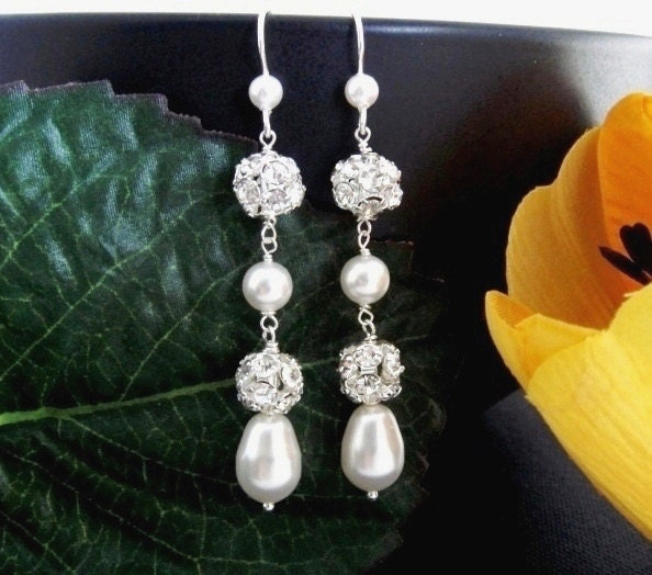 Wedding Jewelry Long Earrings Pearl and Rhinestone Crystal Diamond Ball STERLING Silver -Chloe- Bridal Jewelry Bridesmaid gifts
