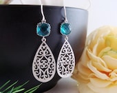 Silver Teardrop and Trimmed Aqua Blue Glass STERLING Silver Earrings, Bridesmaid, wedding, Mother's jewelry, Formal