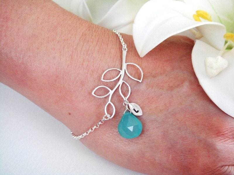 Bridesmaid gifts Bracelets, SET OF 5, Custom Blue Birthstone Initial Bracelets, Branch Leaf, STERLING Silver Bracelets, Wedding Jewelry