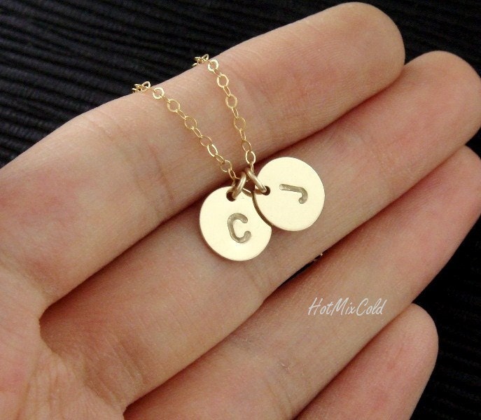 TWO Monograms Disc Necklace, Two GOLD Initial Necklace, Family, Couple Jewelry, Best Friend, Child, Sister, Mother's Necklace