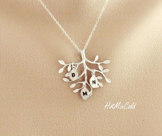 THREE Monogram Necklace, Silver Tree Necklace, Sisters, Children, Grandchildren, Mother Daughter Jewelry, Initial Necklace