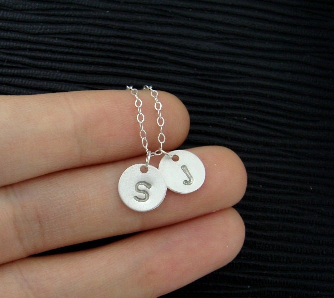 TWO Initials Necklace, Two Monograms Necklace, STERLING Silver disc charm necklace, Simple daily jewelry, Couple, Mother's necklace