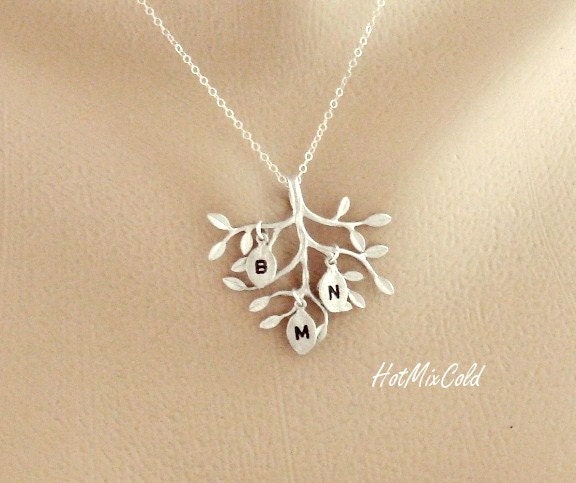 THREE Monogram Necklace, Silver Tree Necklace, Sisters, Children, Grandchildren, Mother Daughter Jewelry, Initial Necklace