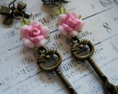Antique Brass Key Earrings with Pink Roses, Cats, Keys, Feminine, Whimsical, Boho