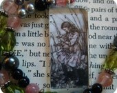 Alice in Wonderland  Glass Pendant Necklace with Colorful Beads, Whimsical, Silver Accents