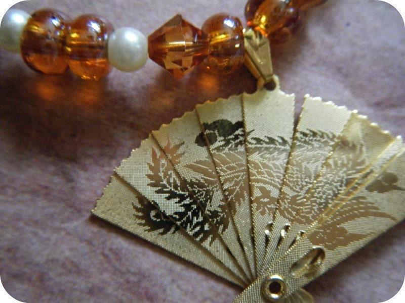Gold Asian Fan Necklace with Amber Beaded Accents, Chinese Dragon, Chinese New Year