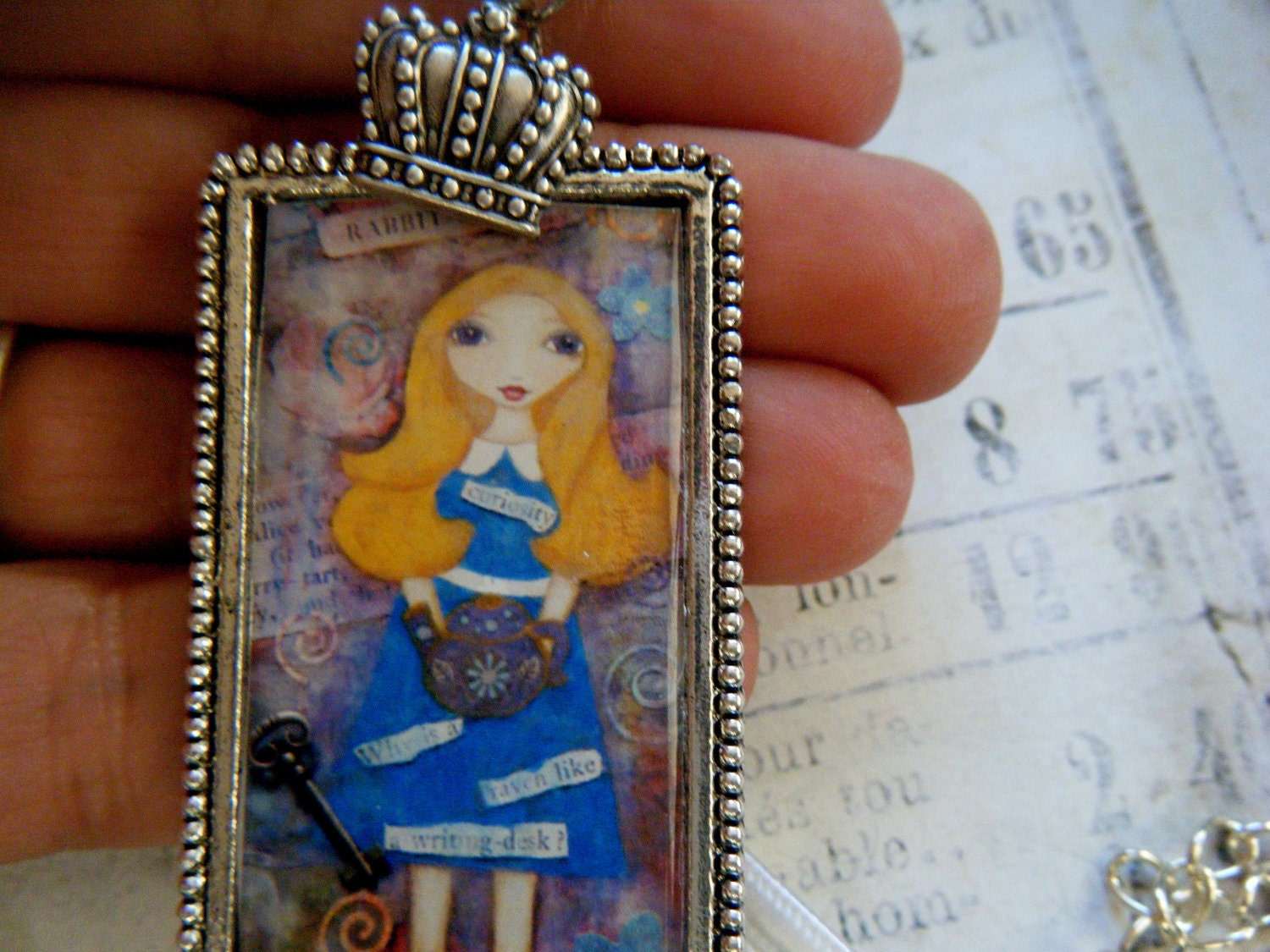 Alice in Wonderland Art Print Necklace, Whimsical, Nylon Cord, Blue, Charms