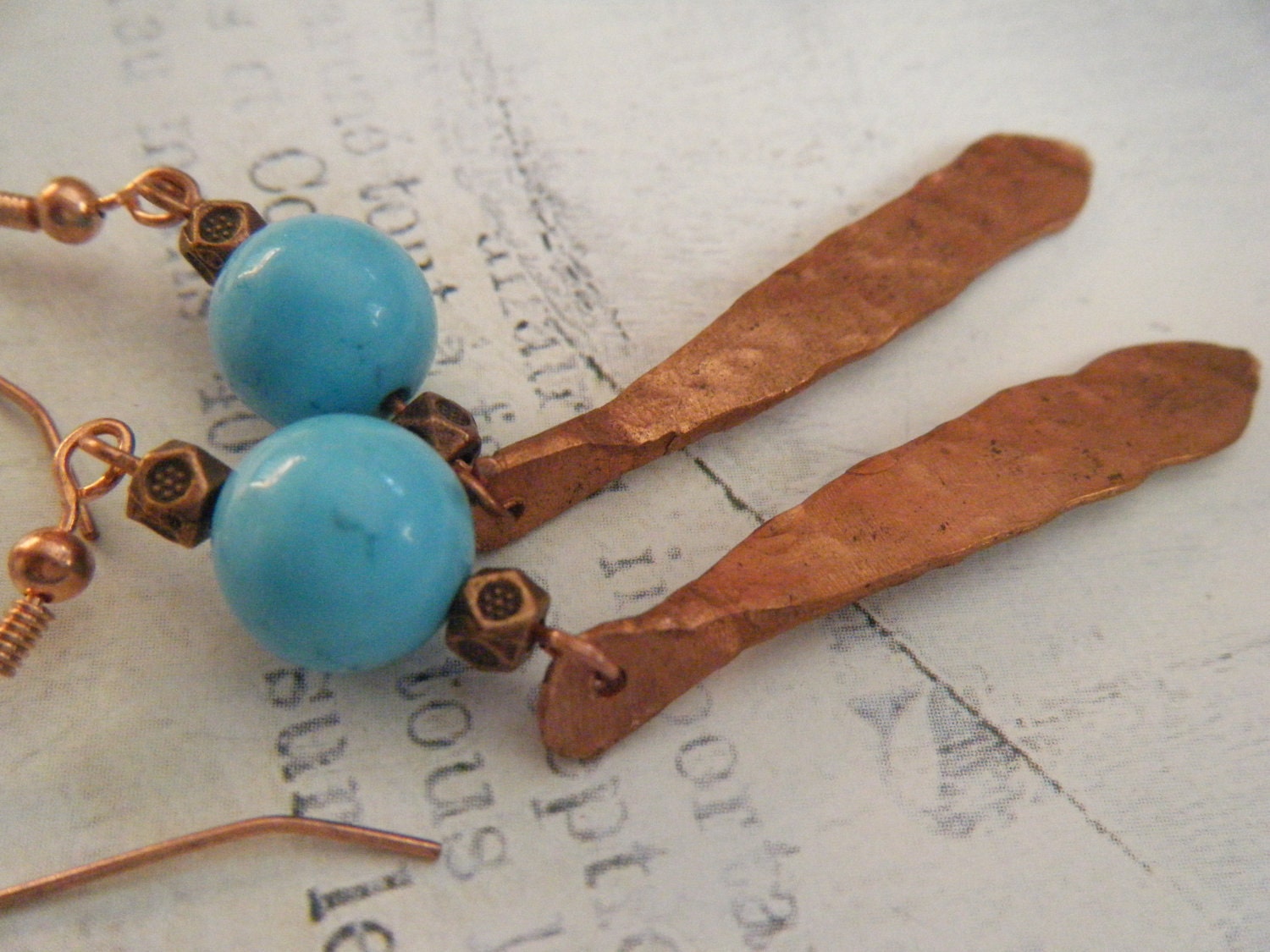 Hand Hammered Copper Dangle Earrings with Turquoise Beads, Blue Moon, Boho, Whimsical