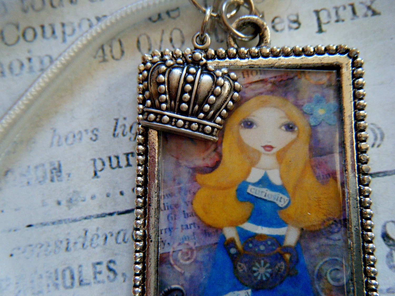 Alice in Wonderland Art Print Necklace, Whimsical, Nylon Cord, Blue, Charms