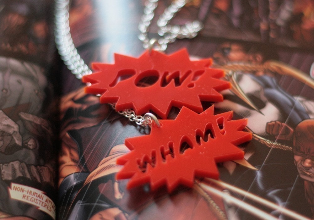 SALE POW Necklace Comic Book plastic laser cut RED batman spiderman superman