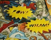 SALE POW Necklace Comic Book plastic laser cut YELLOW batman spiderman superman