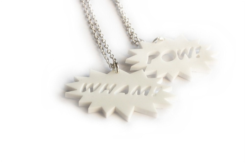 SALE POW Necklace Comic Book plastic laser cut WHITE batman spiderman superman