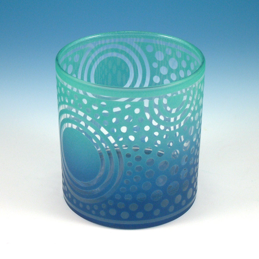 Low Ball Tumbler - Bullseye Sun - Green and Blue - Custom Painted Glassware