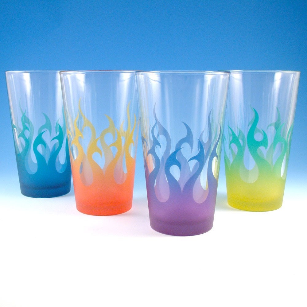 Pint Glasses - Tribal Flames - Set of 4 - Custom Painted and Etched Glassware