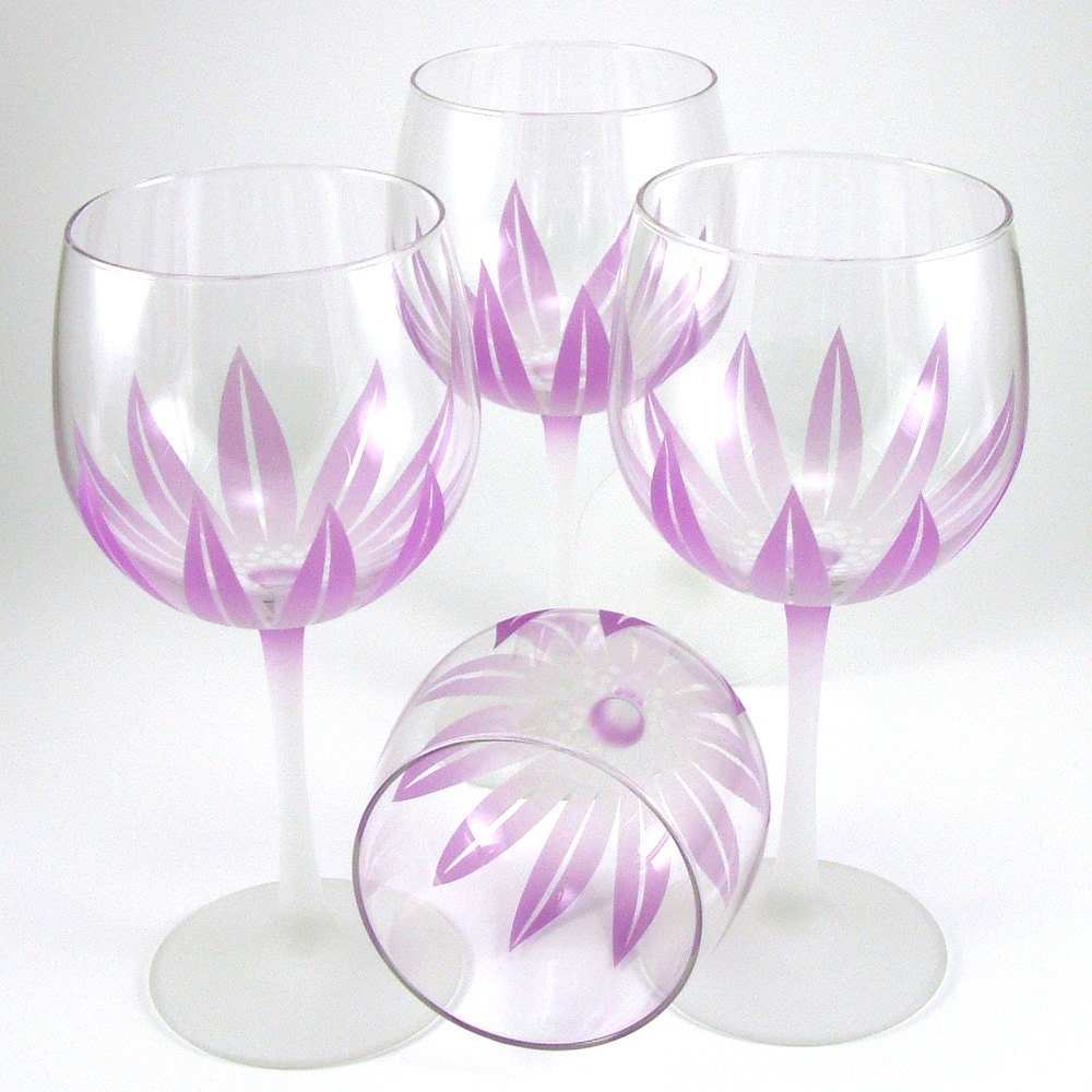 Wine Glasses - Wildflowers - Set of 4 - Frosted Purple - Etched and Painted Glassware
