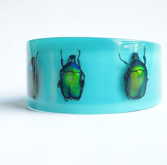 Blue lucite bracelet with real beetles