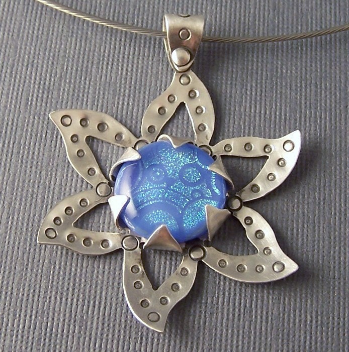 Ready to Ship One of A Kind Sterling Silver  and Periwinkle Dichroic Fused Glass Flower Pendant