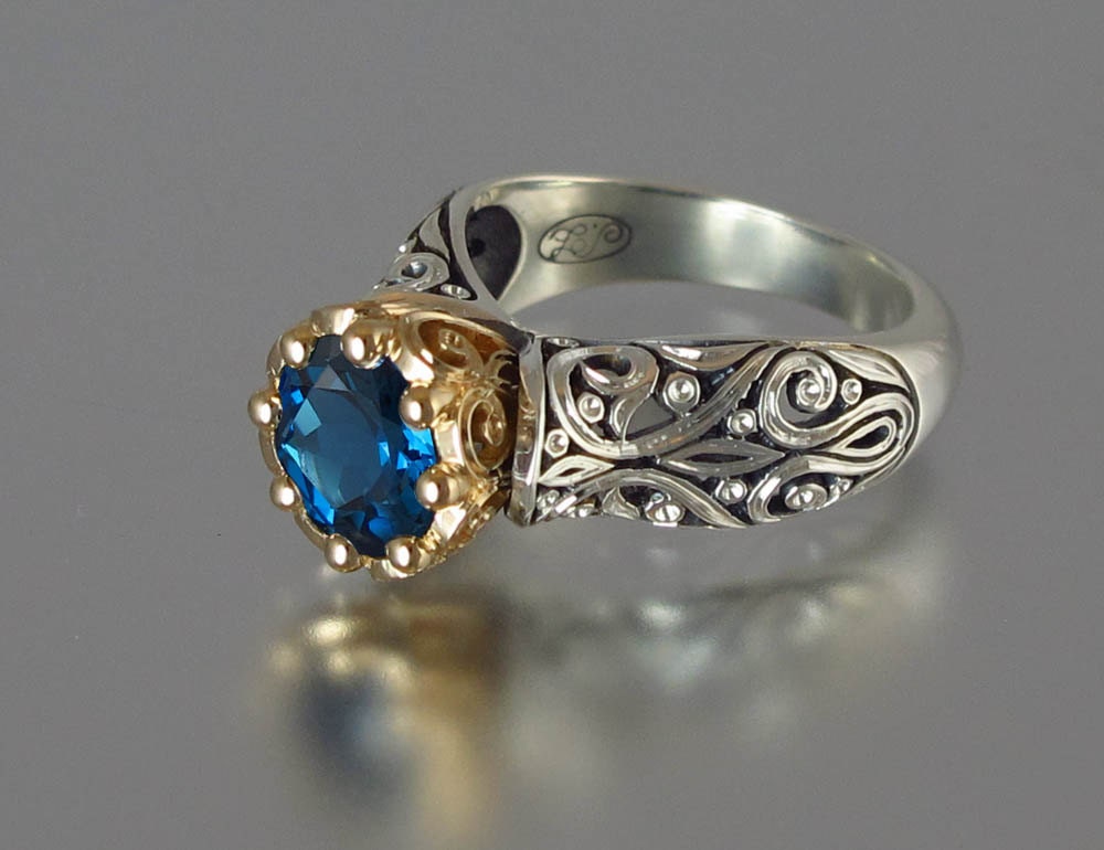 The ENCHANTED PRINCESS engagement 14k gold ring with London Blue Topaz